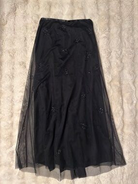 Vintage Black Maxi Skirt With Lace Layer and Beaded Details